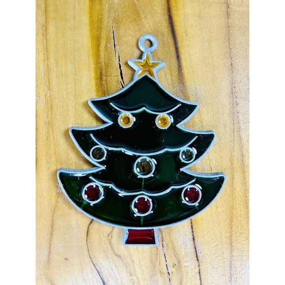 Vintage Christmas Tree Stained Glass Like Suncatcher Ornament Hang Holiday - Picture 1 of 2